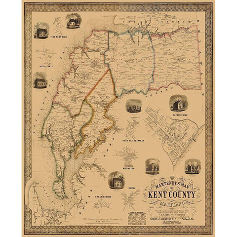 Kent Maryland Landowner - Martenet 1860 Gold Ornate Wood Framed Art Print with Double Matting by Martenet