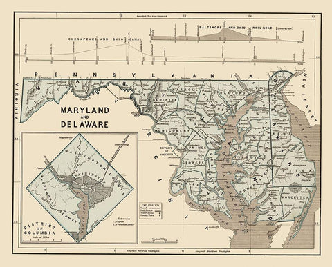 Maryland, Delaware - Harper 1845 White Modern Wood Framed Art Print with Double Matting by Harper