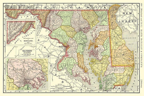 Maryland, Delaware - Rand McNally 1893 Black Ornate Wood Framed Art Print with Double Matting by Rand McNally
