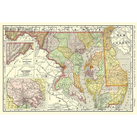 Maryland, Delaware - Rand McNally 1893 Black Modern Wood Framed Art Print with Double Matting by Rand McNally