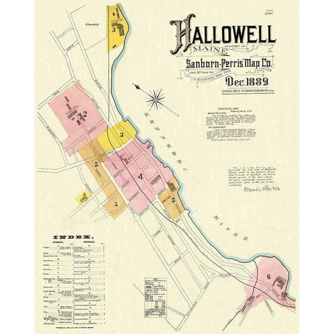 Hallowell Maine - Sanborn 1889 Black Modern Wood Framed Art Print with Double Matting by Sanborn