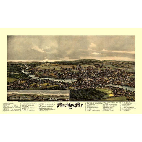 Machias Maine - Norris 1896  Gold Ornate Wood Framed Art Print with Double Matting by Norris