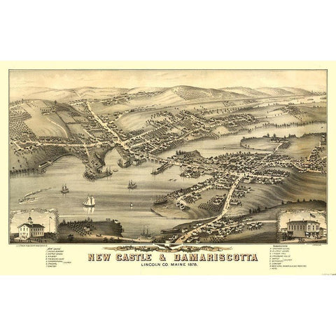 New Castle Damariscotta Maine - Stoner 1878  Gold Ornate Wood Framed Art Print with Double Matting by Stoner