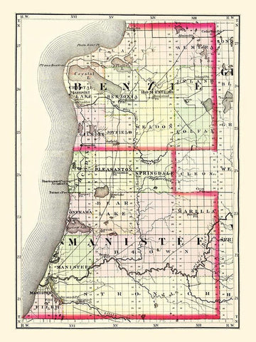 Benzie  Manistee Michigan - Walling 1873 White Modern Wood Framed Art Print with Double Matting by Walling