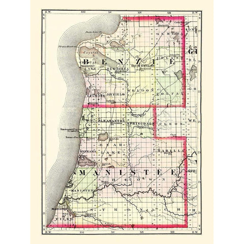 Benzie  Manistee Michigan - Walling 1873 Black Modern Wood Framed Art Print by Walling