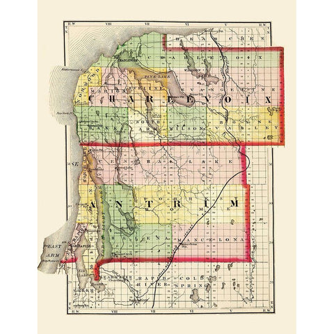 Charlevoix  Antrim Michigan - Walling 1873 Gold Ornate Wood Framed Art Print with Double Matting by Walling