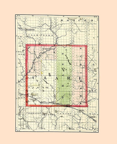 Clare Michigan - Walling 1873 Black Ornate Wood Framed Art Print with Double Matting by Walling