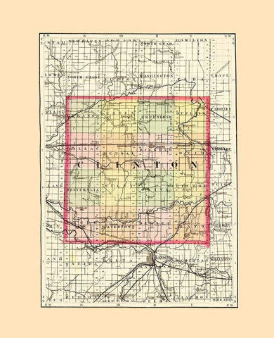 Clinton Michigan - Walling 1873 Black Ornate Wood Framed Art Print with Double Matting by Walling