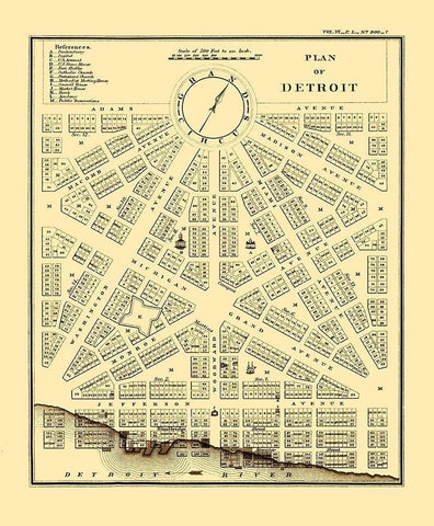 Detroit, Plan Michigan Plan - Bowen 1807 Black Ornate Wood Framed Art Print with Double Matting by Bowen