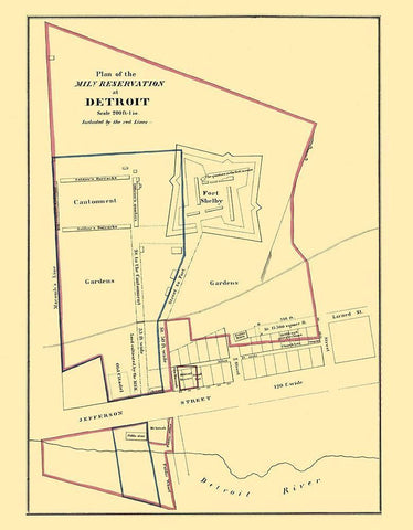 Detroit Michigan Military Reservation Plan 1860 Black Ornate Wood Framed Art Print with Double Matting by Bowen