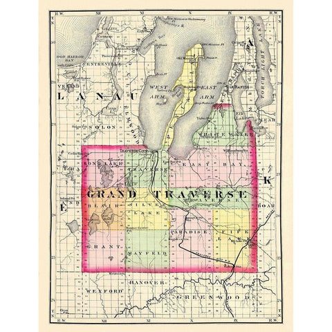 Grand Traverse Michigan - Walling 1873 Gold Ornate Wood Framed Art Print with Double Matting by Walling