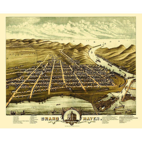 Grand Haven Michigan - Shober 1874 White Modern Wood Framed Art Print by Shober