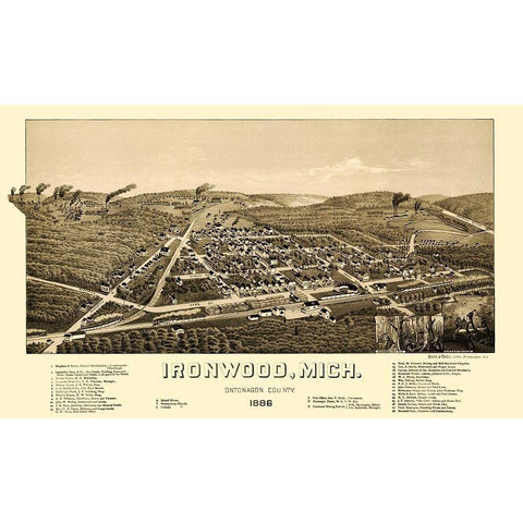 Ironwood Michigan - Beck 1886 Gold Ornate Wood Framed Art Print with Double Matting by Beck