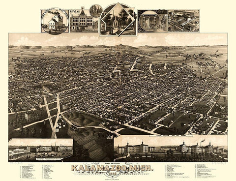 Kalamazoo Michigan - Wellge 1883  Black Ornate Wood Framed Art Print with Double Matting by Wellge