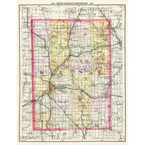 Kent Michigan - Walling 1873 Gold Ornate Wood Framed Art Print with Double Matting by Walling