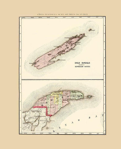 Keweenaw  Isle Royale Michigan - Walling 1873 Black Ornate Wood Framed Art Print with Double Matting by Walling