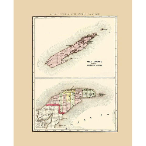 Keweenaw  Isle Royale Michigan - Walling 1873 Black Modern Wood Framed Art Print with Double Matting by Walling