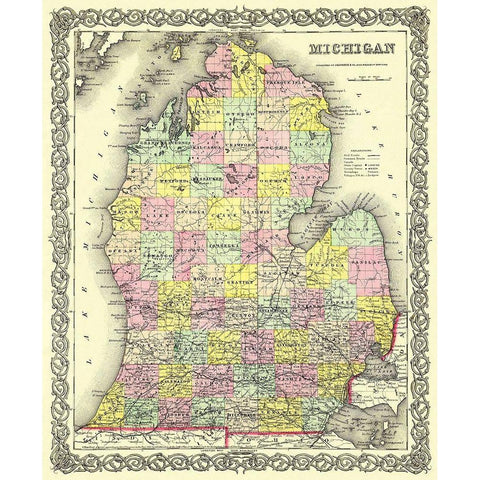 Michigan Lower Peninsula - Colton 1855 White Modern Wood Framed Art Print by Colton