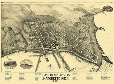 Marquette Michigan - 1897 Black Ornate Wood Framed Art Print with Double Matting by Unknown