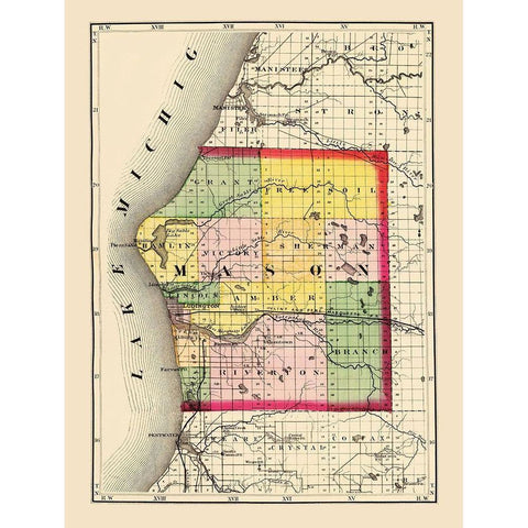 Mason Michigan - Walling 1873 Gold Ornate Wood Framed Art Print with Double Matting by Walling