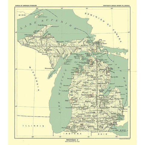 Michigan - Hoen 1896 Black Modern Wood Framed Art Print with Double Matting by Hoen