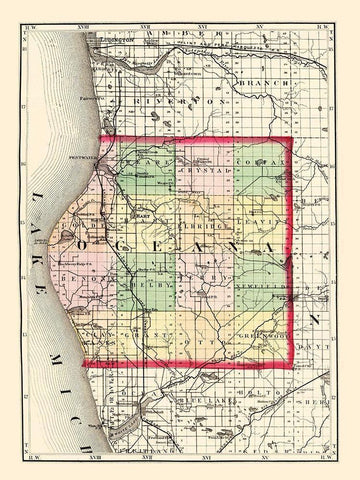 Oceana Michigan - Walling 1873 Black Ornate Wood Framed Art Print with Double Matting by Walling