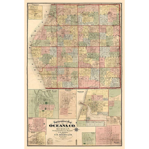 Oceana County Michigan - Beers 1876  White Modern Wood Framed Art Print by Beers