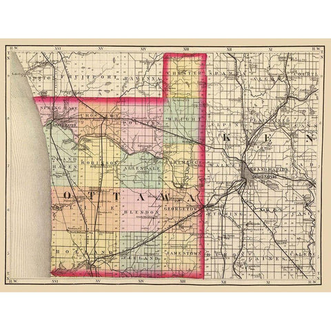 Ottawa Michigan - Walling 1873 Gold Ornate Wood Framed Art Print with Double Matting by Walling