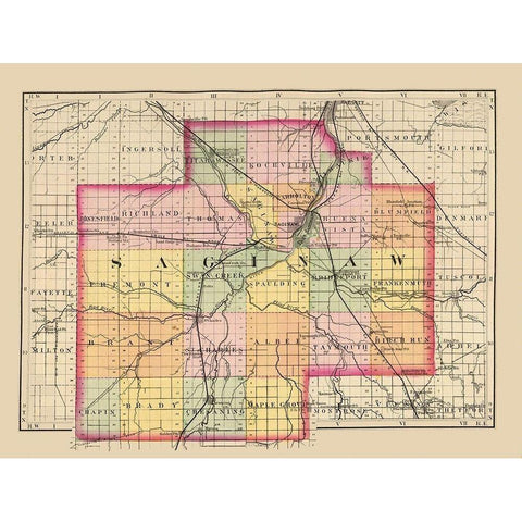 Saginaw Michigan - Walling 1873 Gold Ornate Wood Framed Art Print with Double Matting by Walling