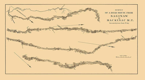 Saginaw to Mackinac Michigan Road Survey White Modern Wood Framed Art Print with Double Matting by Poole