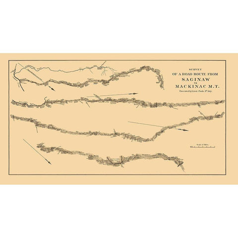 Saginaw to Mackinac Michigan Road Survey White Modern Wood Framed Art Print by Poole