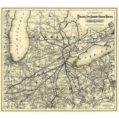 Toledo, Ann Arbor and Grand Trunk Railway 1881 Black Modern Wood Framed Art Print with Double Matting by Colton