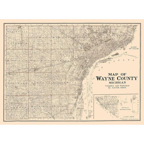 Wayne County Michigan - Sauer 1915  Gold Ornate Wood Framed Art Print with Double Matting by Sauer
