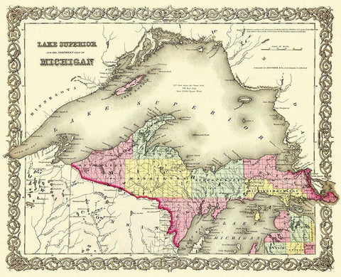 Michigan Upper Peninsula - 1855 Black Ornate Wood Framed Art Print with Double Matting by Colton