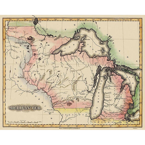 Michigan Territory - Lucas 1823 Black Modern Wood Framed Art Print with Double Matting by Lucas