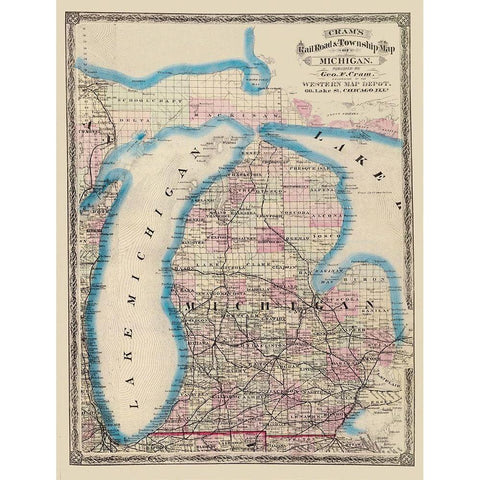 Michigan - Cram 1875 White Modern Wood Framed Art Print by Cram