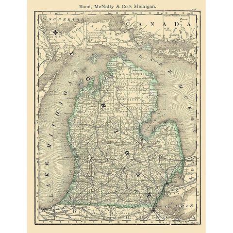 Michigan - Rand McNally 1879 White Modern Wood Framed Art Print by Rand McNally