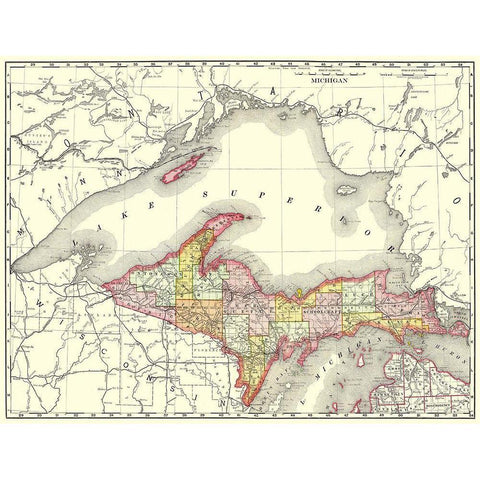 Michigan Upper Peninsula - Rand McNally 1897 Black Modern Wood Framed Art Print by Rand McNally