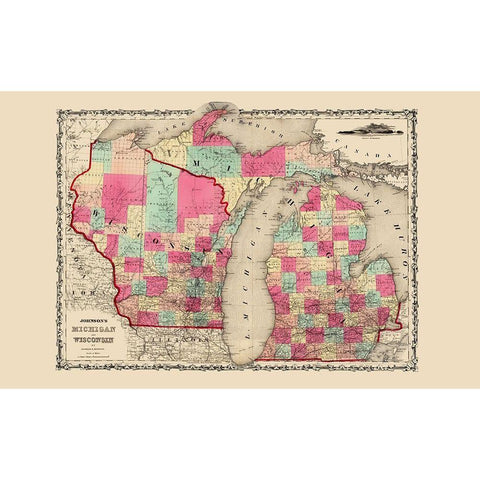 Michigan, Wisconsin - Johnson 1860 White Modern Wood Framed Art Print by Johnson