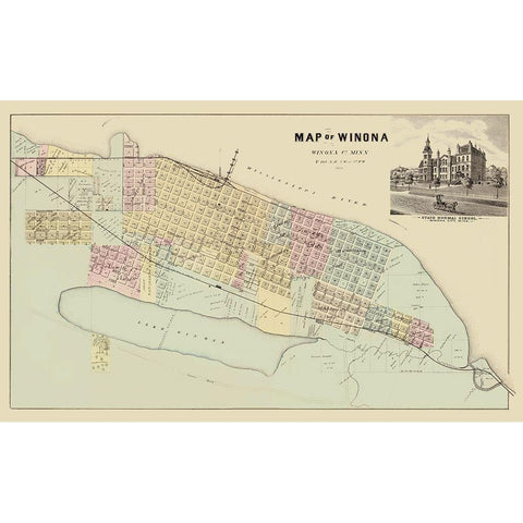 Winona Minnesota - Andreas 1874 Gold Ornate Wood Framed Art Print with Double Matting by Andreas