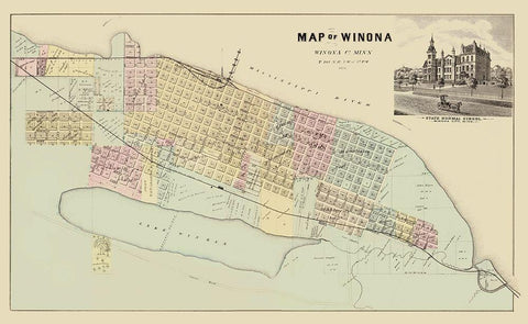 Winona Minnesota - Andreas 1874 Black Ornate Wood Framed Art Print with Double Matting by Andreas