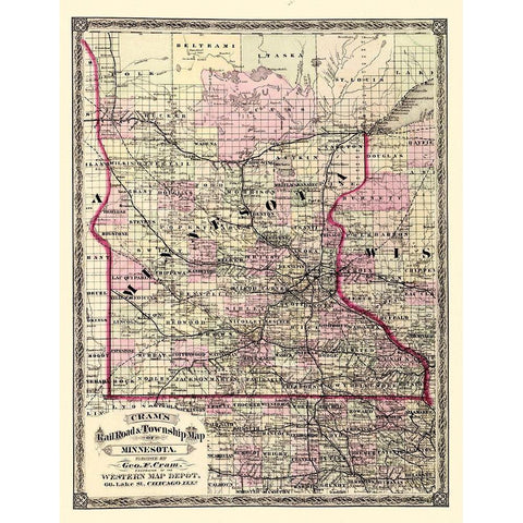 Minnesota - Cram 1875 Gold Ornate Wood Framed Art Print with Double Matting by Cram