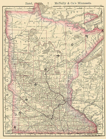 Minnesota - Rand McNally 1879 White Modern Wood Framed Art Print with Double Matting by Rand McNally
