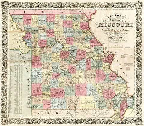 Missouri - Colton 1851  Black Ornate Wood Framed Art Print with Double Matting by Colton