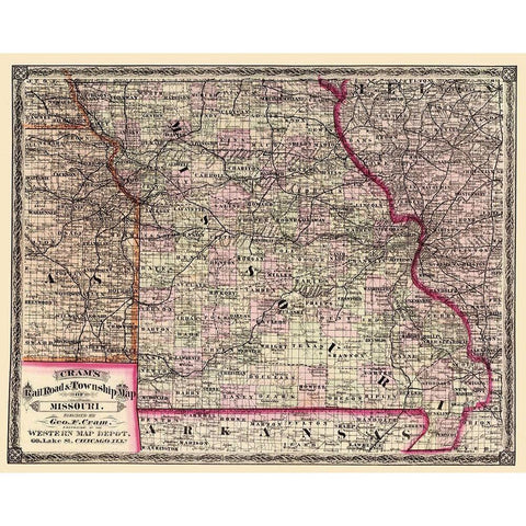 Missouri - Cram 1875 Black Modern Wood Framed Art Print with Double Matting by Cram