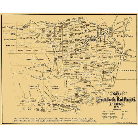 Missouri Southern Pacific Railroad Co - Gast 1870 Gold Ornate Wood Framed Art Print with Double Matting by Gast