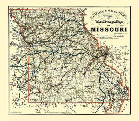 Missouri Railway Map - McHenry 1888 Black Ornate Wood Framed Art Print with Double Matting by McHenry