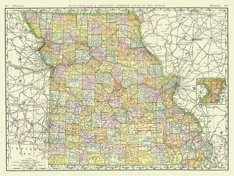 Missouri - Rand McNally 1897 Black Ornate Wood Framed Art Print with Double Matting by Rand McNally