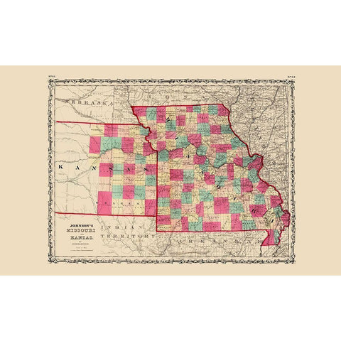 Missouri, Kansas - Johnson 1860 Black Modern Wood Framed Art Print with Double Matting by Johnson