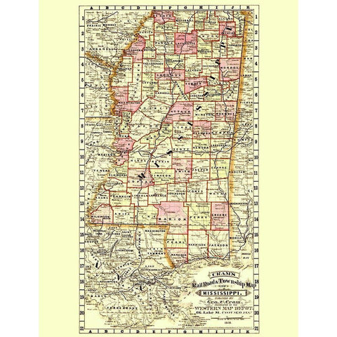 Mississippi Railroad and Townships - Cram 1878 White Modern Wood Framed Art Print by Cram